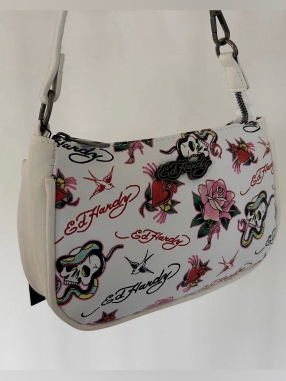 Ed Hardy White Floral & Skull Tattoo Print Small Shoulder Bag with Pink Accents